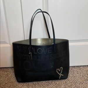 Victoria's Secret Love NWT Black and Gold Perforated Grommet Shoulder Tote